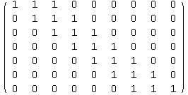 ( {{1, 1, 1, 0, 0, 0, 0, 0, 0}, {0, 1, 1, 1, 0, 0, 0, 0, 0}, {0, 0, 1, 1, 1, 0, 0, 0 ... {0, 0, 0, 0, 1, 1, 1, 0, 0}, {0, 0, 0, 0, 0, 1, 1, 1, 0}, {0, 0, 0, 0, 0, 0, 1, 1, 1}} )